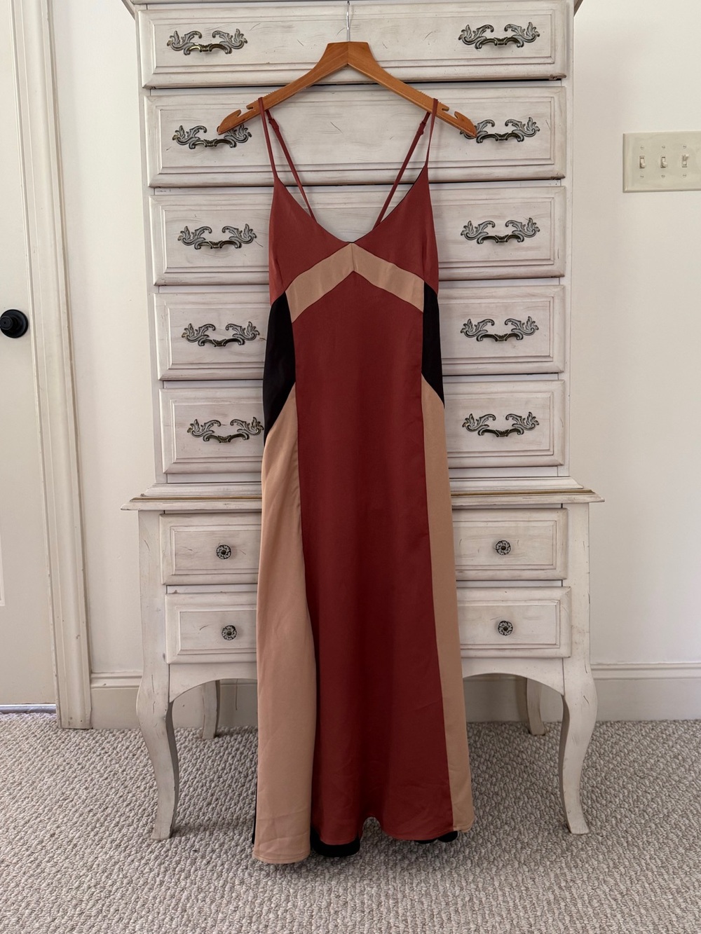Colorblock Midi Slip Dress in Rust, Beige & Black